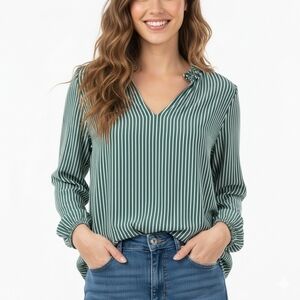 GAP Green Striped V-Neck Blouse Lightweight Sz Medium